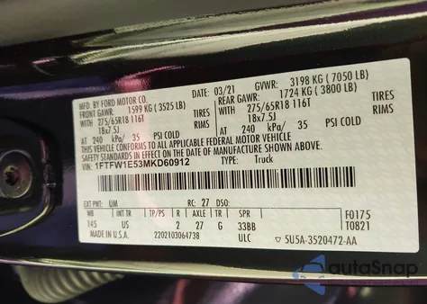 2021 Ford F-150 Xlt из США, поврежденный, VIN 1FTFW1E53MKD60912